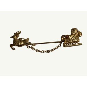 Vintage Avon Gold-Tone Reindeer & Sleigh Brooch Pin Holiday Jewelry Retro Christ